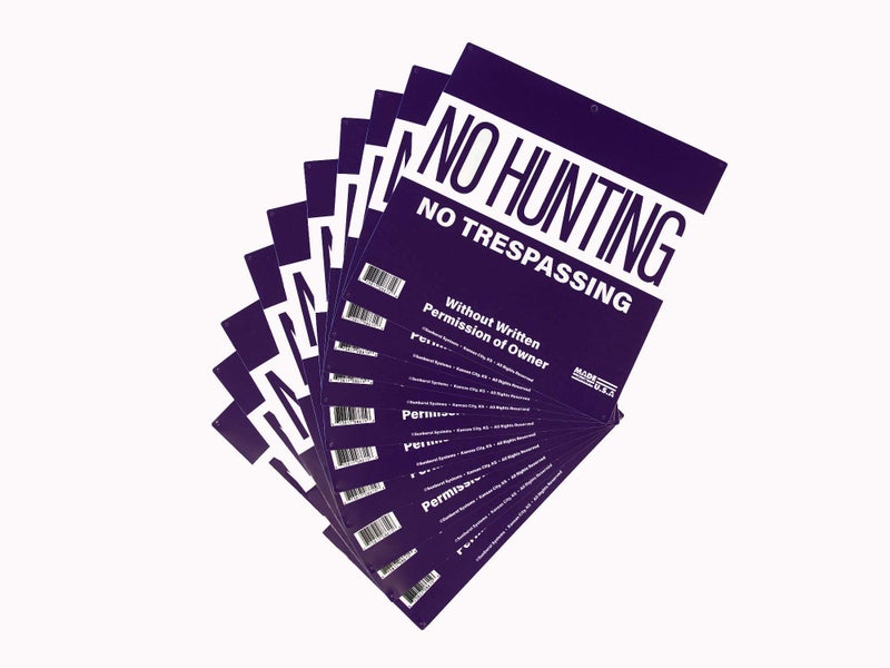 Sunburst Systems 8616 No Hunting/Trespassing Property Marking Sign, 12" x 12", 10 Pack, Purple - Image 1